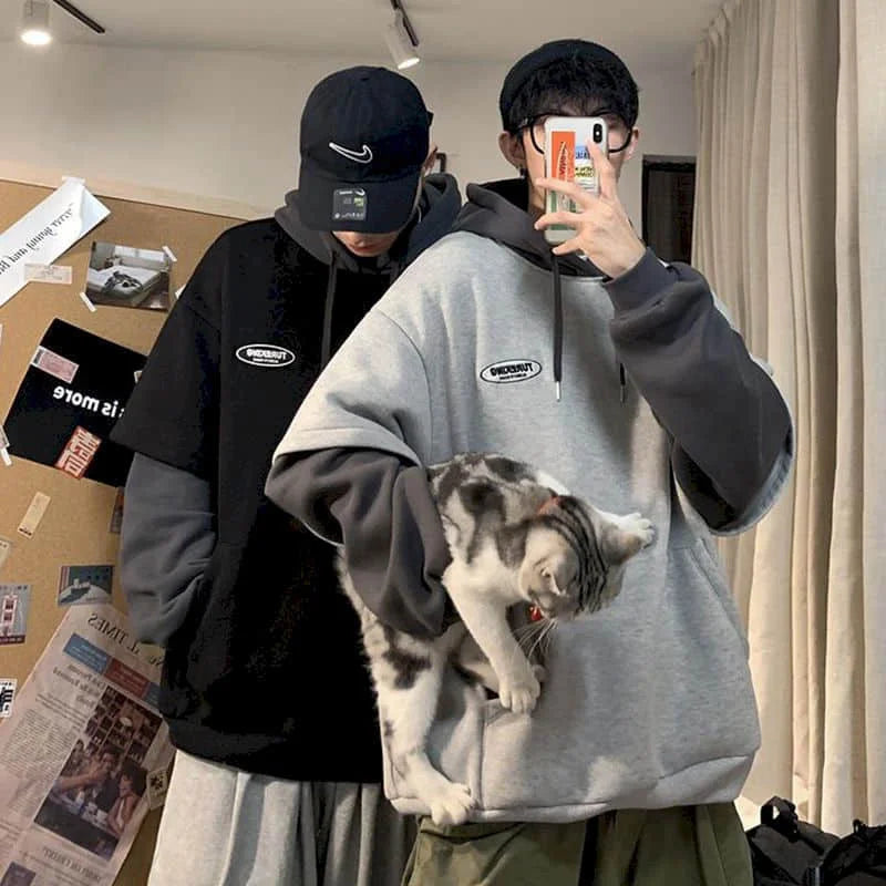 Hoodies men two-piece sweatshirt autumn stitching Korean loose contrast color hooded long-sleeved black  white gray design