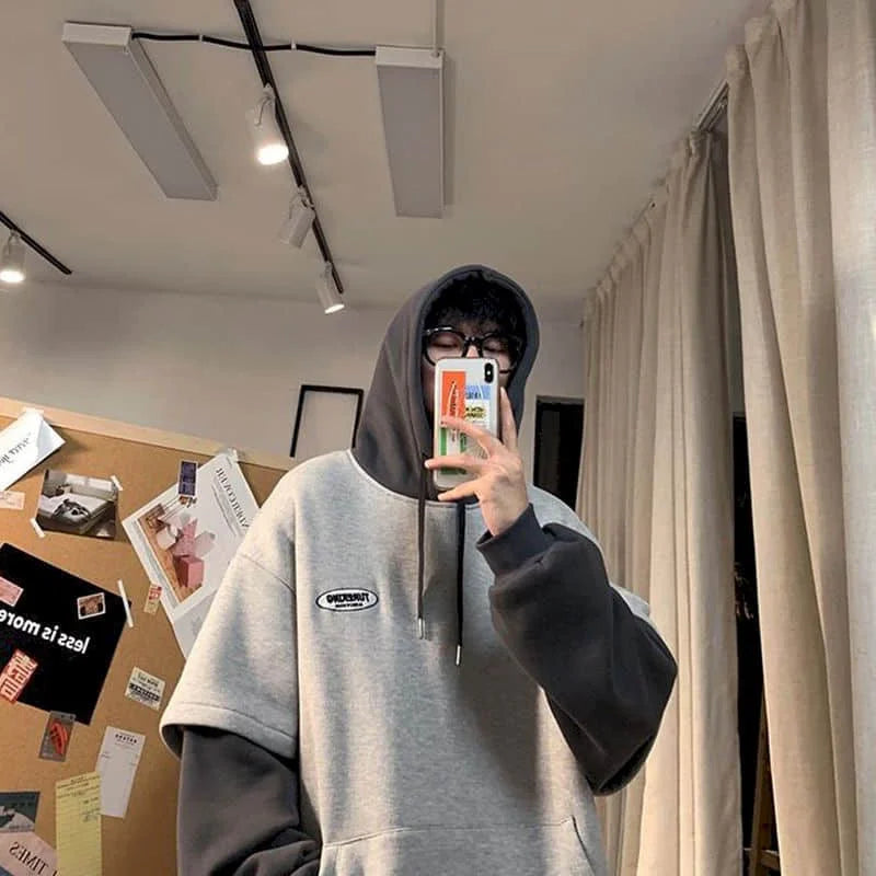 Hoodies men two-piece sweatshirt autumn stitching Korean loose contrast color hooded long-sleeved black  white gray design
