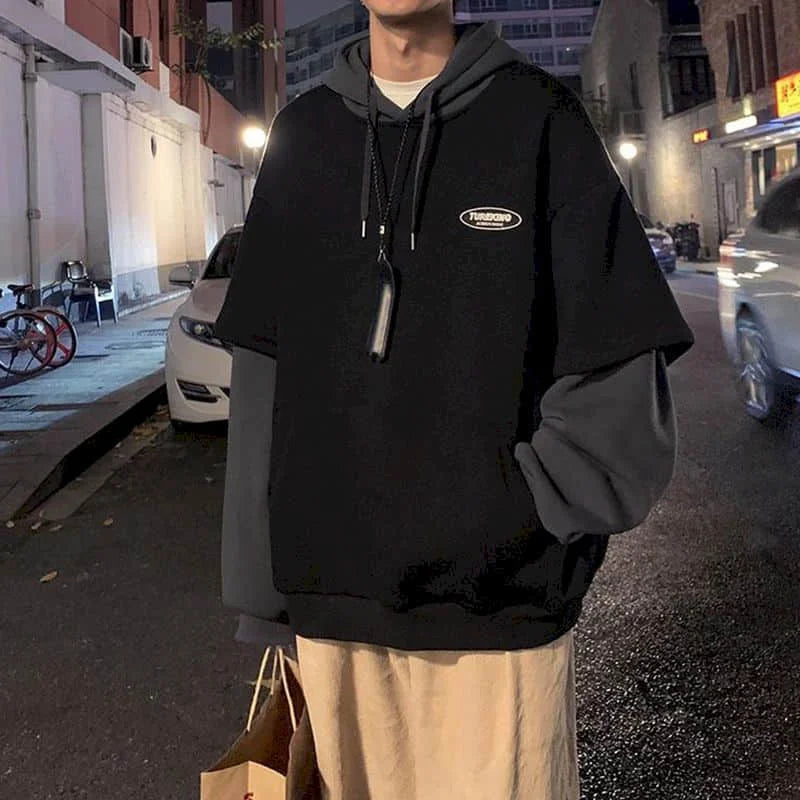 Hoodies men two-piece sweatshirt autumn stitching Korean loose contrast color hooded long-sleeved black  white gray design