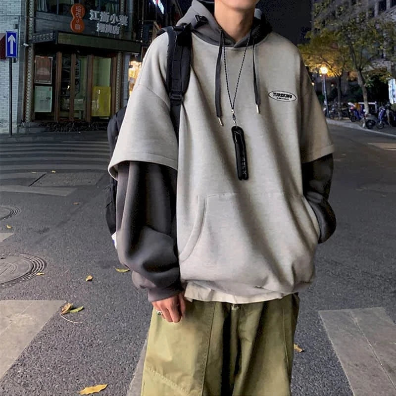 Hoodies men two-piece sweatshirt autumn stitching Korean loose contrast color hooded long-sleeved black  white gray design